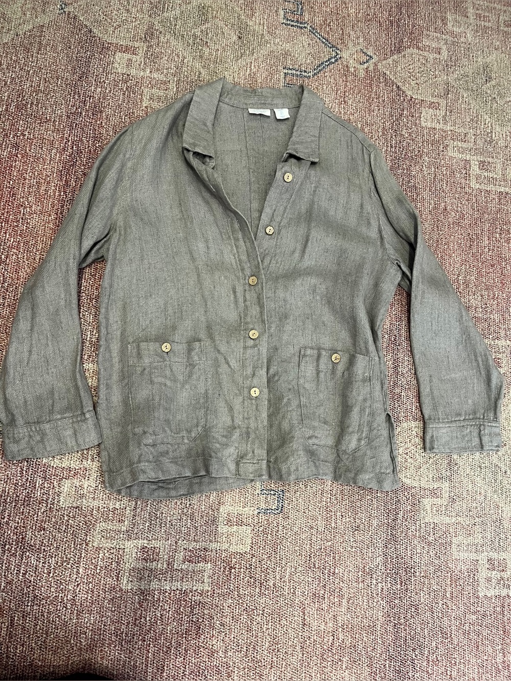 Sigrid Olsen Lagenlook grey linen button jacket size large like new